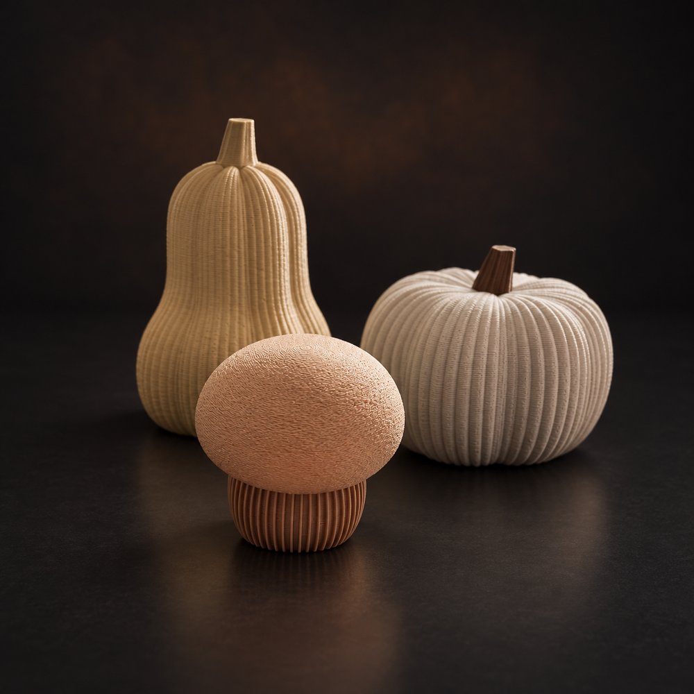 3D-gedruckter Pilz und Kürbis-Duo in beigem Filament
