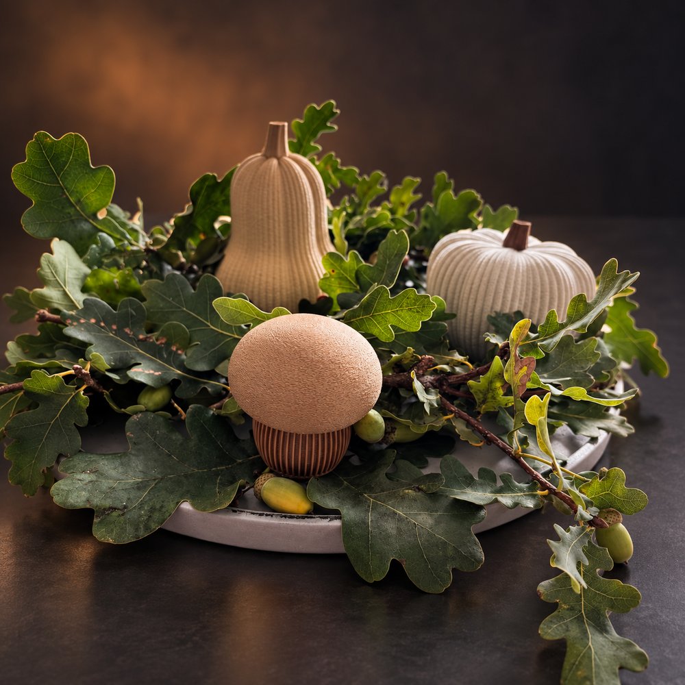 3D-gedruckter Pilz und Kürbis-Duo in beigem Filament, herbstlich dekoriert mit Eichenlaub
