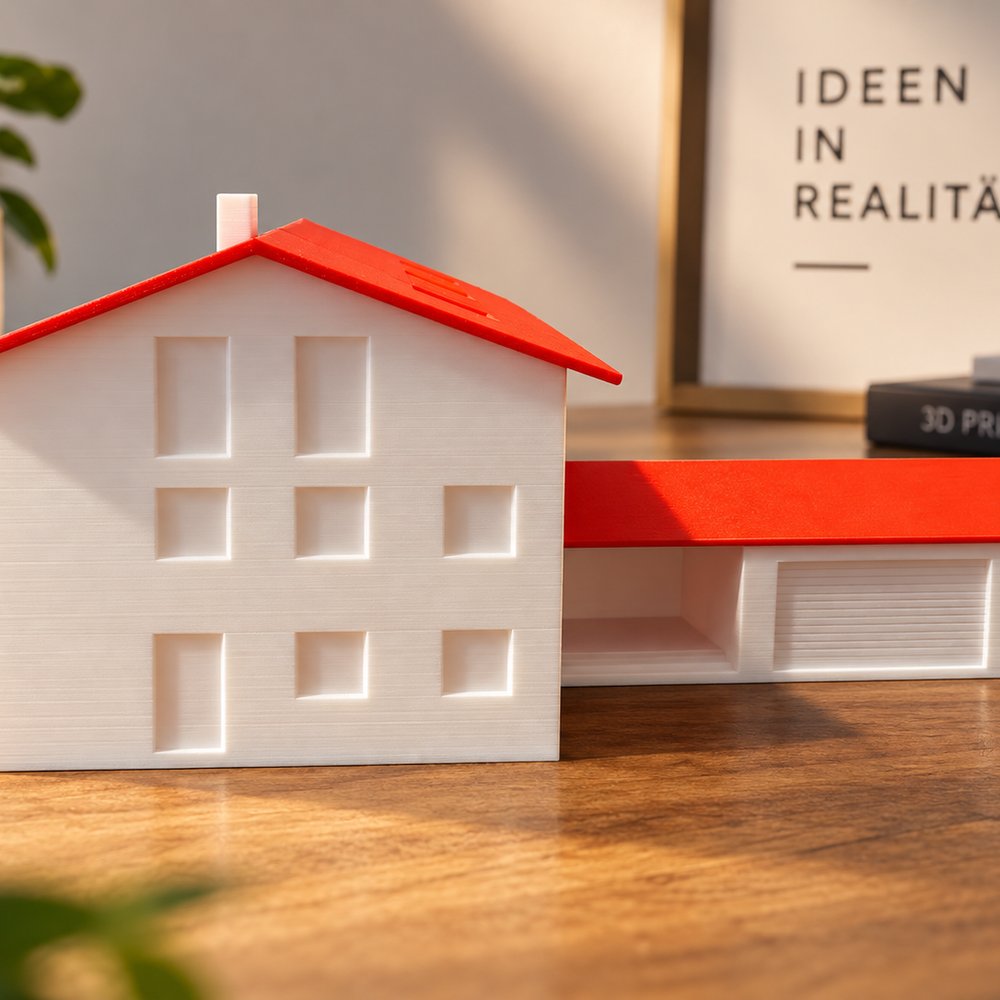 Fertiges 3D-gedrucktes Hausmodell auf einem Sideboard