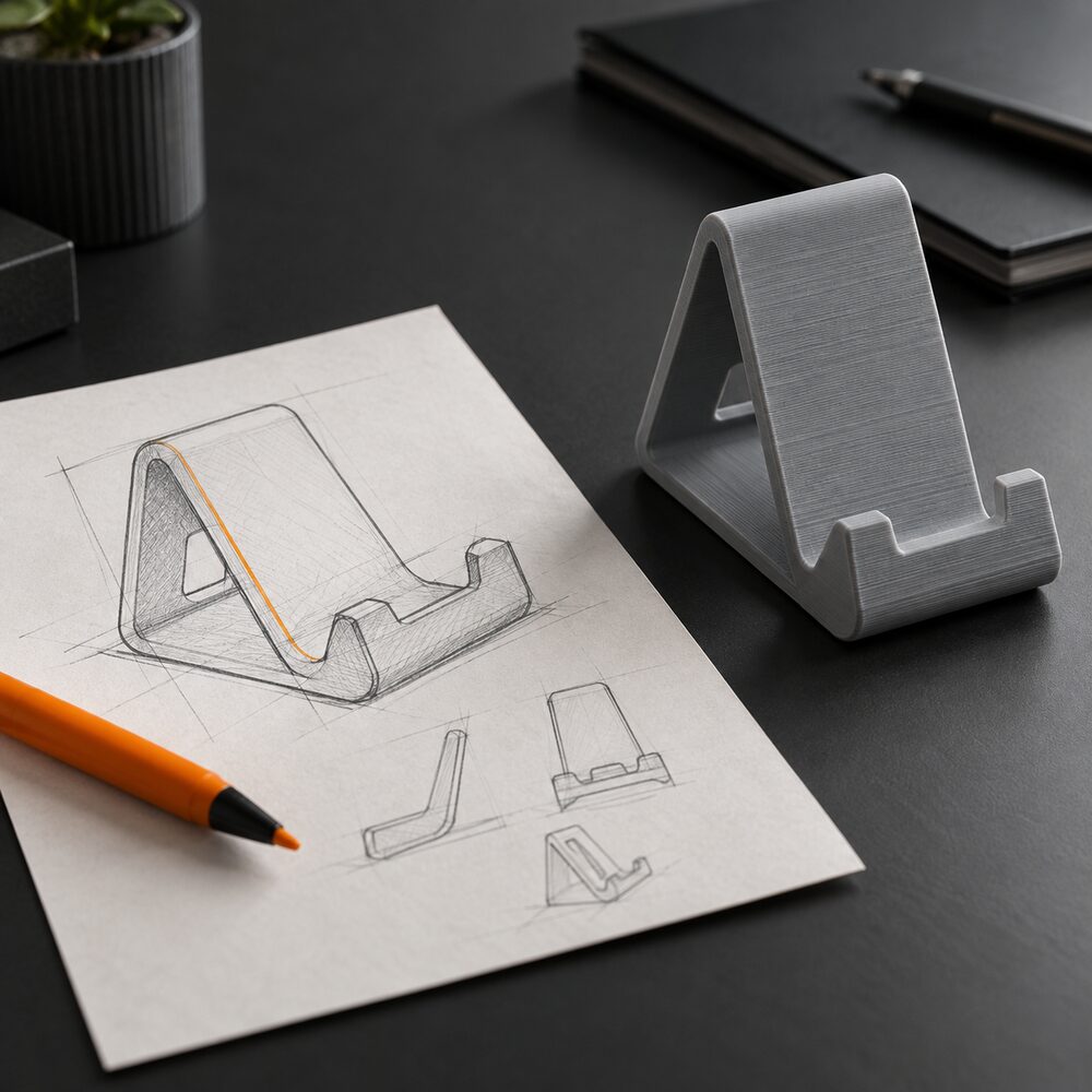 Skizze und dazugehöriger 3D-gedruckter Prototyp einer Produktidee